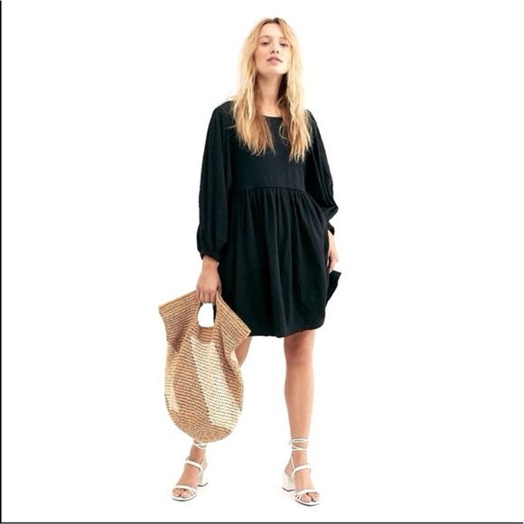 FREE PEOPLE Beach Get Obsessed Relaxed Gauzy Babydoll Mini Dress Black Sz Small - Picture 2 of 13